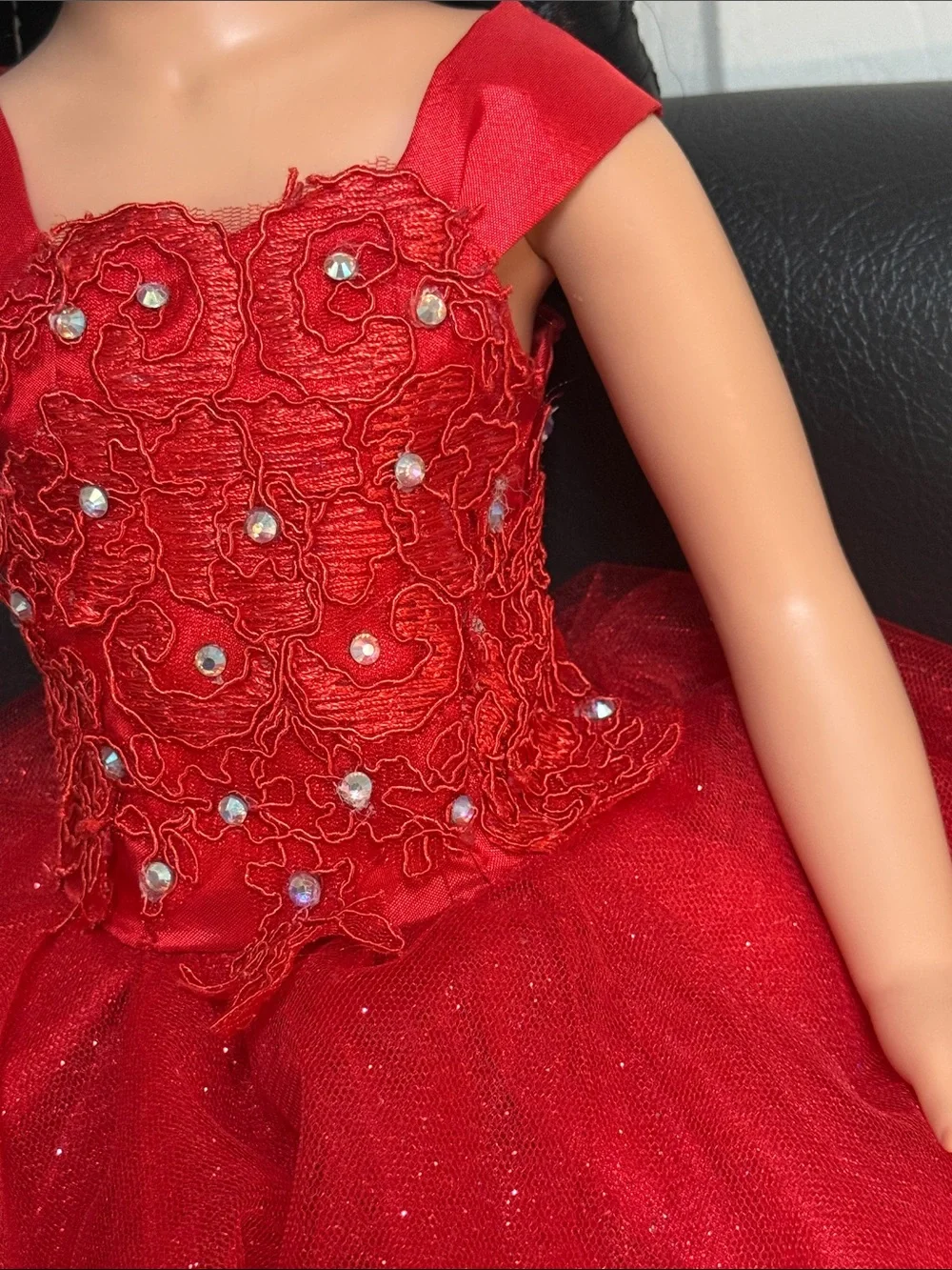 24-inch Quinceañera Keepsake Doll Wearing A Layered, sparkly Red Gown.